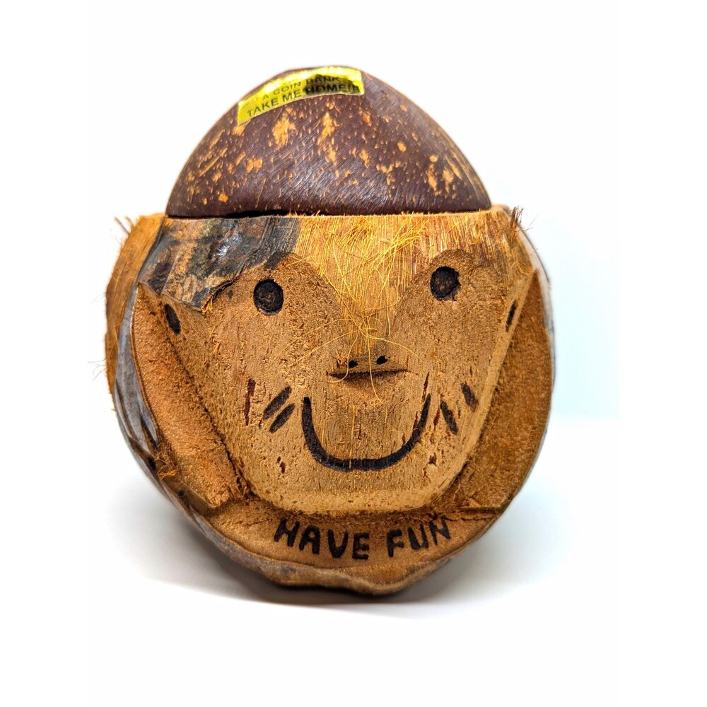 Vintage Hand Carved Coconut Monkey Head Coin Bank Tiki Decor "Have Fun" Folk Art